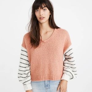 Madewell Pink and Cream V-Neck Sweater
